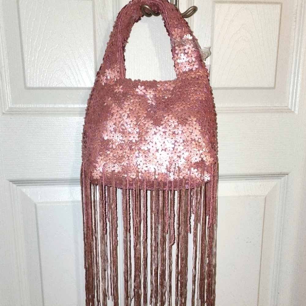 Handcrafted In India Pink Beaded Purse With Fringe And Flower Shapes Sequence